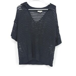 Max Studio London Womens Black Open Knit V-Neck Short Sleeve Sweater Top Small